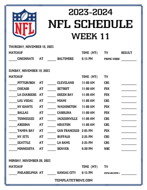 Printable 2023-24 NFL Schedule Week 11 - Mountain Times