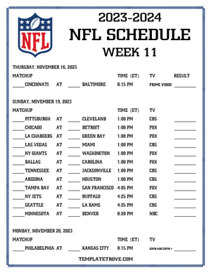 Printable 2023-24 NFL Schedule Week 11