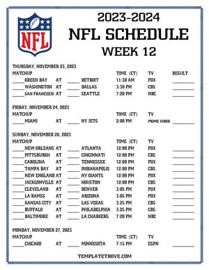 Printable 2023-24 NFL Schedule Week 12 - Central Times
