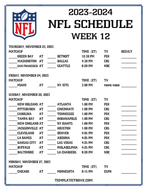 Printable 2023-24 NFL Schedule Week 12