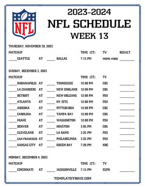 Printable 2023-24 NFL Schedule Week 13 - Central Times