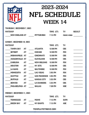 Printable 2023-24 NFL Schedule Week 14 - Central Times