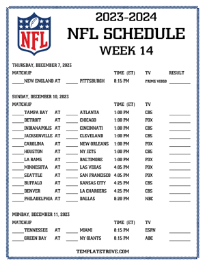 Printable 2023-24 NFL Schedule Week 14