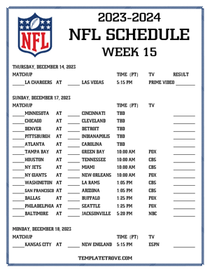 Printable 2023-24 NFL Schedule Week 15 - Pacific Times