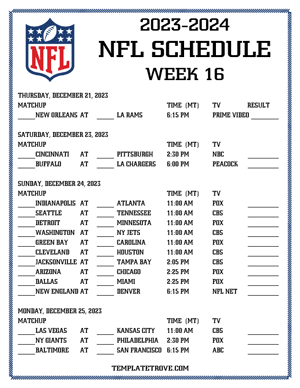 Printable 2023-24 NFL Schedule Week 16 - Mountain Times