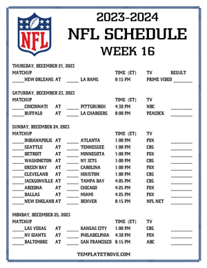 Printable 2023-24 NFL Schedule Week 16