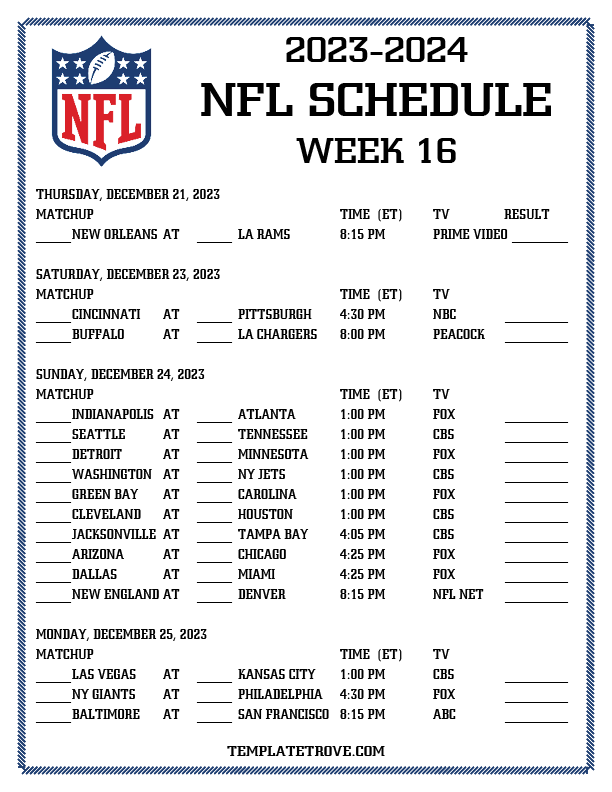 Printable 2023-2024 NFL Schedule Week 16