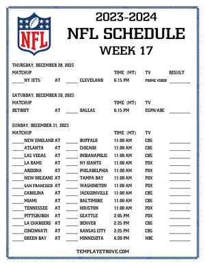 Printable 2023-24 NFL Schedule Week 17 - Mountain Times