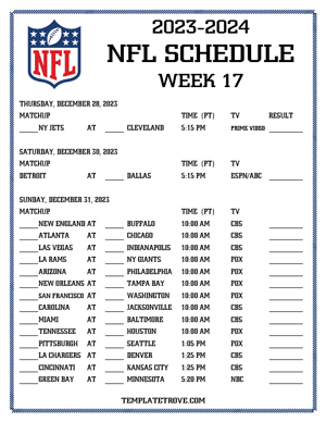 Printable 2023-24 NFL Schedule Week 17 - Pacific Times