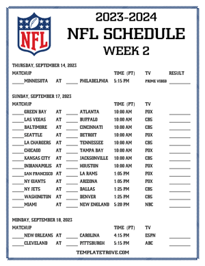 Printable 2023-24 NFL Schedule Week 2 - Pacific Times