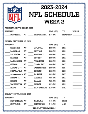 Printable 2023-24 NFL Schedule Week 2