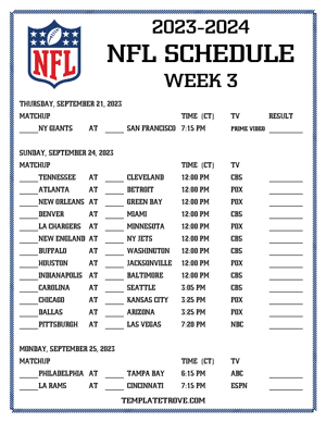 Printable 2023-24 NFL Schedule Week 3 - Central Times