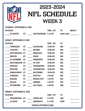 Printable 2023-24 NFL Schedule Week 3 - Pacific Times