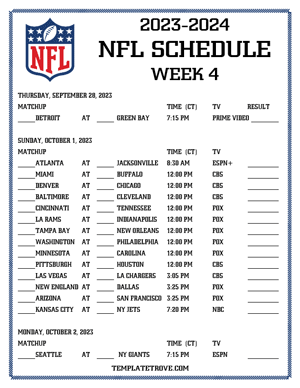 Printable 2023-24 NFL Schedule Week 4 - Central Times