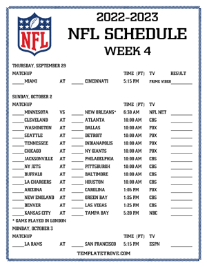 Printable 2023-24 NFL Schedule Week 4 - Pacific Times