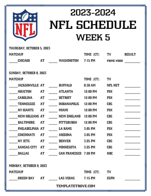 Printable 2023-24 NFL Schedule Week 5 - Central Times