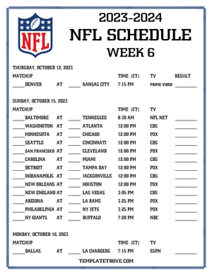 Printable 2023-24 NFL Schedule Week 6 - Central Times