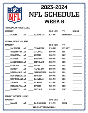 Printable 2023-24 NFL Schedule Week 6