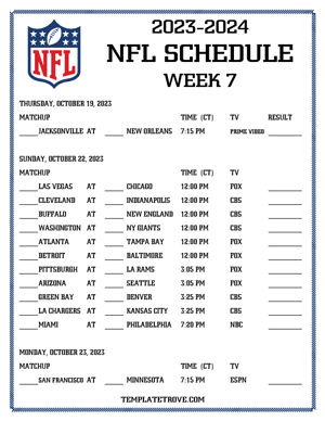 Printable 2023-24 NFL Schedule Week 7 - Central Times