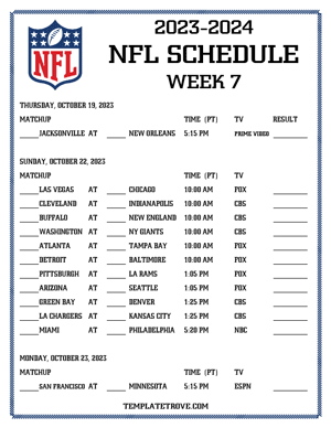 Printable 2023-24 NFL Schedule Week 7 - Pacific Times