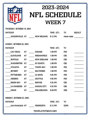 Printable 2023-24 NFL Schedule Week 7