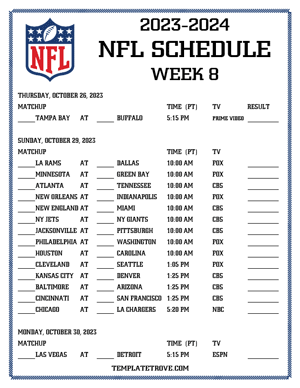 Printable 2023-24 NFL Schedule Week 8 - Pacific Times
