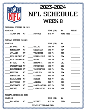 Printable 2023-24 NFL Schedule Week 8