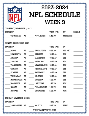 Printable 2023-24 NFL Schedule Week 9 - Pacific Times