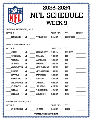 Printable 2023-24 NFL Schedule Week 9