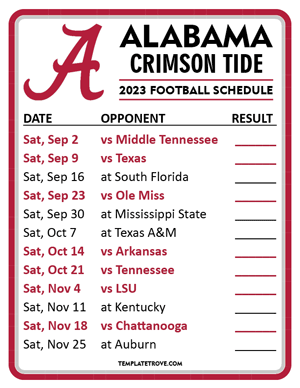 Alabama Crimson Tide Football 2023 Printable Schedule  - Style 2