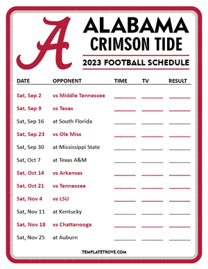 Alabama Crimson Tide Football 2023 Printable Schedule - Style 3