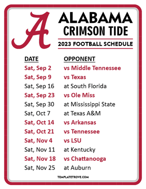 Alabama Crimson Tide Football 2023 Printable Schedule