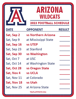 Arizona Wildcats Football 2023 Printable Schedule  - Style 2