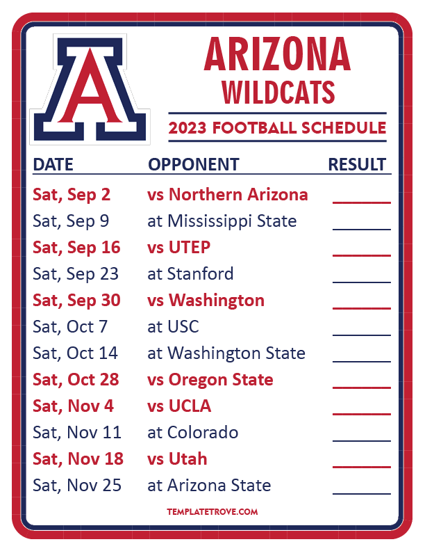 Printable 2023 Arizona Wildcats Football Schedule