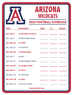 Arizona Wildcats Football 2023 Printable Schedule - Style 3