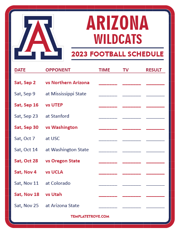 Printable 2023 Arizona Wildcats Football Schedule