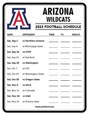 Arizona Wildcats Football 2023 Printable Schedule - Style 4