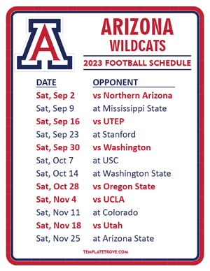 Arizona Wildcats Football 2023 Printable Schedule