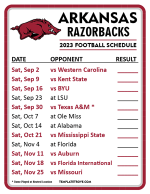 Arkansas Razorbacks Football 2023 Printable Schedule  - Style 2