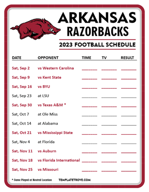 Arkansas Razorbacks Football 2023 Printable Schedule - Style 3