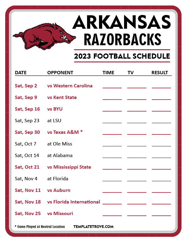 Printable 2023 Arkansas Razorbacks Football Schedule