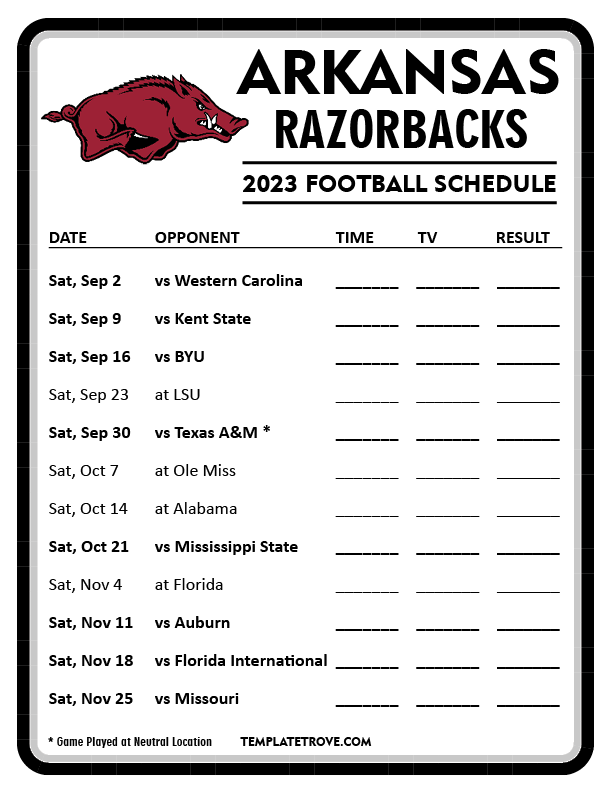 Razorback Football Schedule Printable