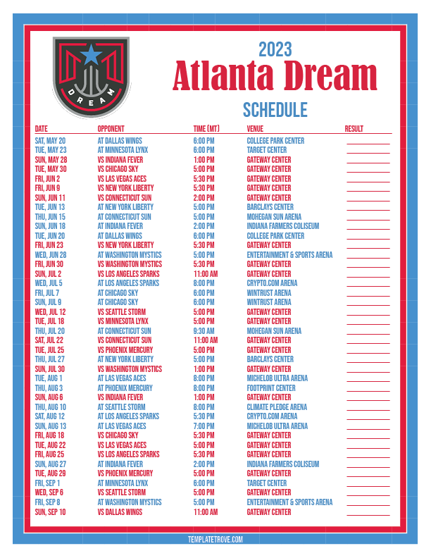 Printable2023 Atlanta Dream Basketball Schedule