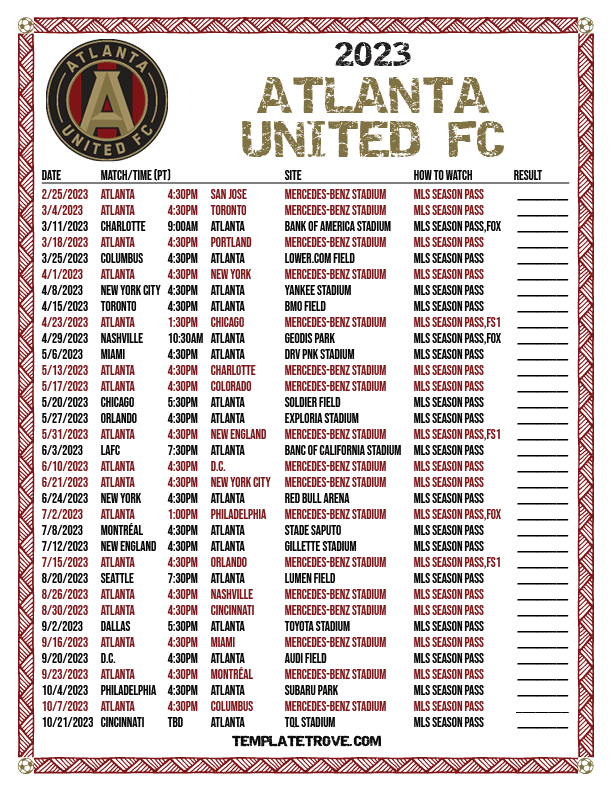 Printable2023 Atlanta United FC Soccer Schedule
