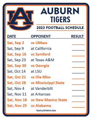 Auburn Tigers Football 2023 Printable Schedule  - Style 2