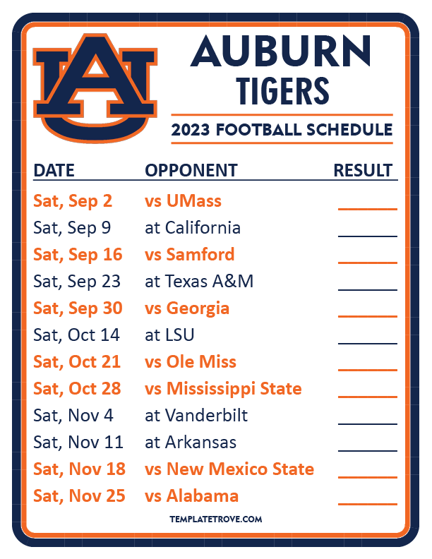 Printable 2023 Auburn Tigers Football Schedule