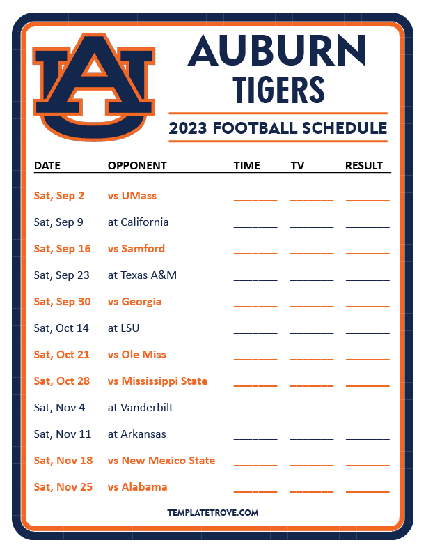 Printable 2023 Auburn Tigers Football Schedule