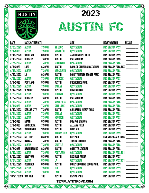 Printable2023 Austin FC Soccer Schedule