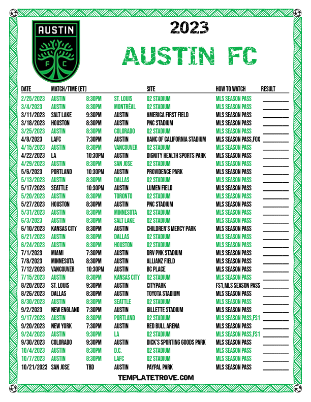 Printable2023 Austin FC Soccer Schedule