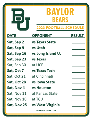 Baylor Bears Football 2023 Printable Schedule  - Style 2
